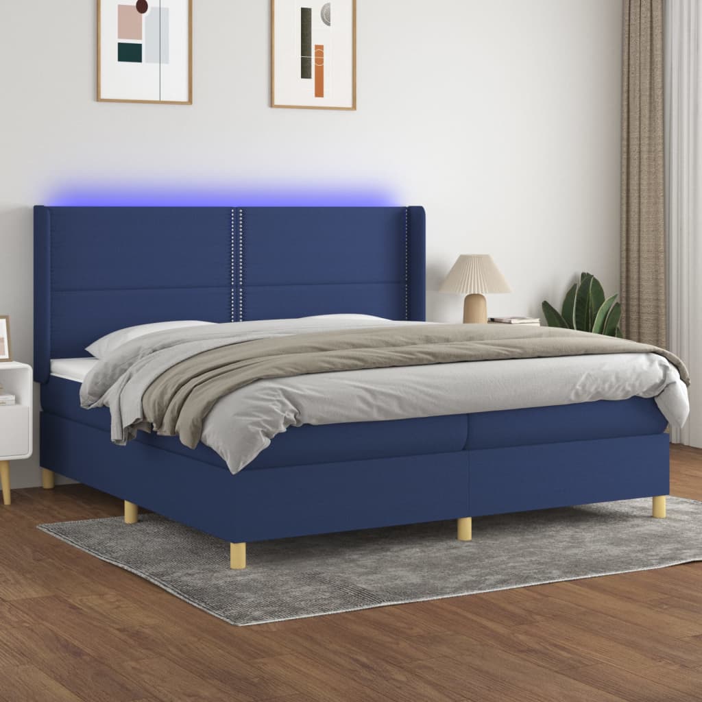 Boxspring met matras en LED stof blauw 200x200 cm – afbeelding 1