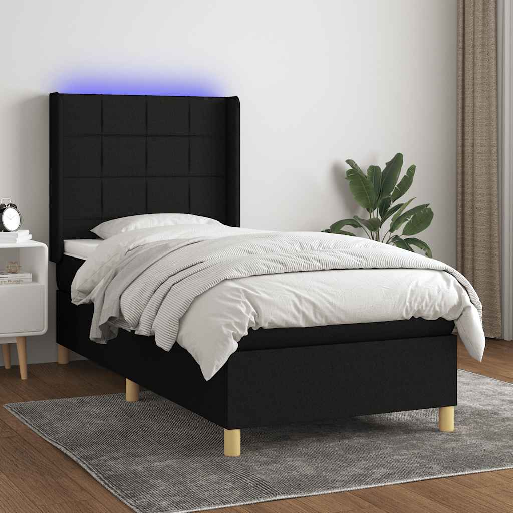 Boxspring met matras en LED stof zwart 90x190 cm – afbeelding 1