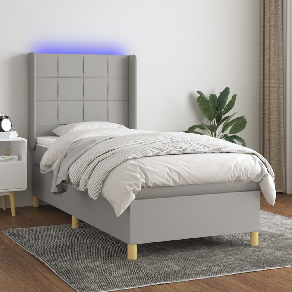 Boxspring met matras en LED stof lichtgrijs 100x200 cm – afbeelding 1