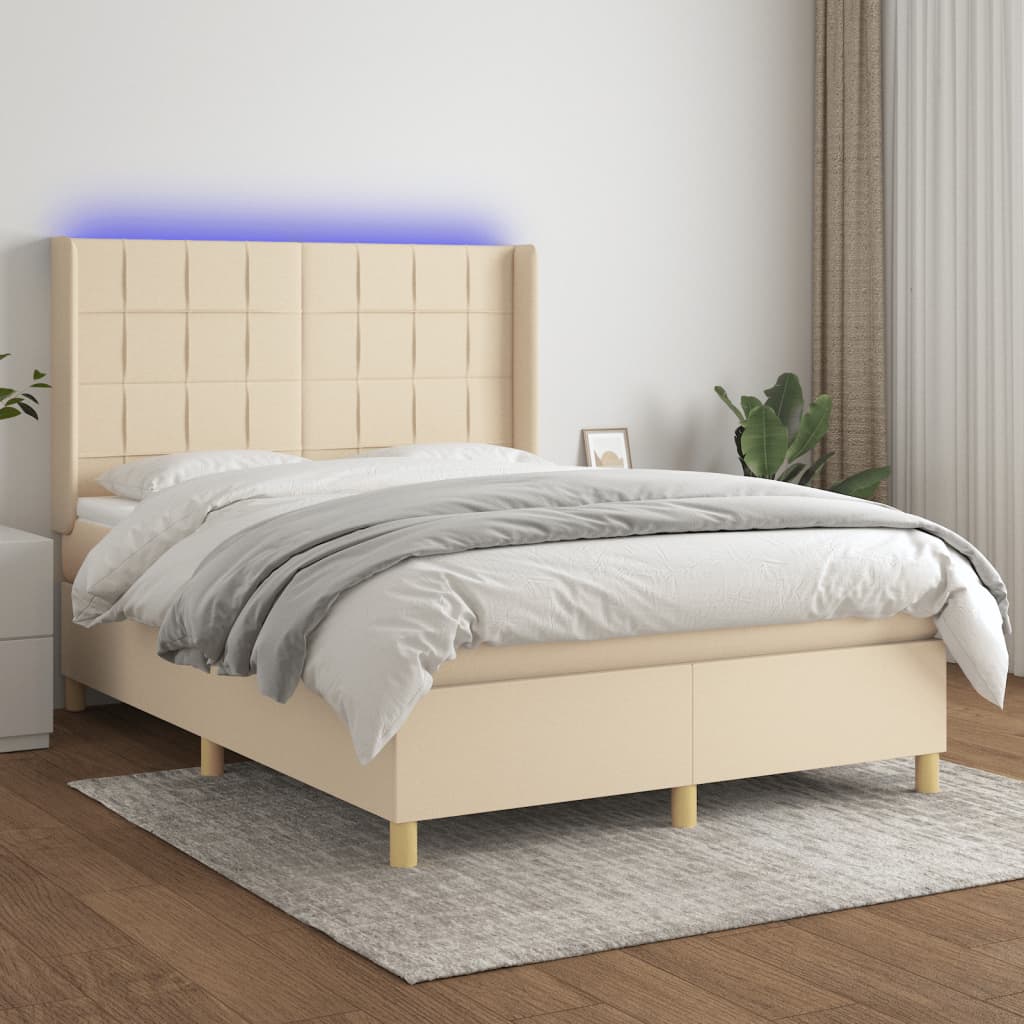 Boxspring met matras en LED stof crèmekleurig 140x190 cm – afbeelding 1