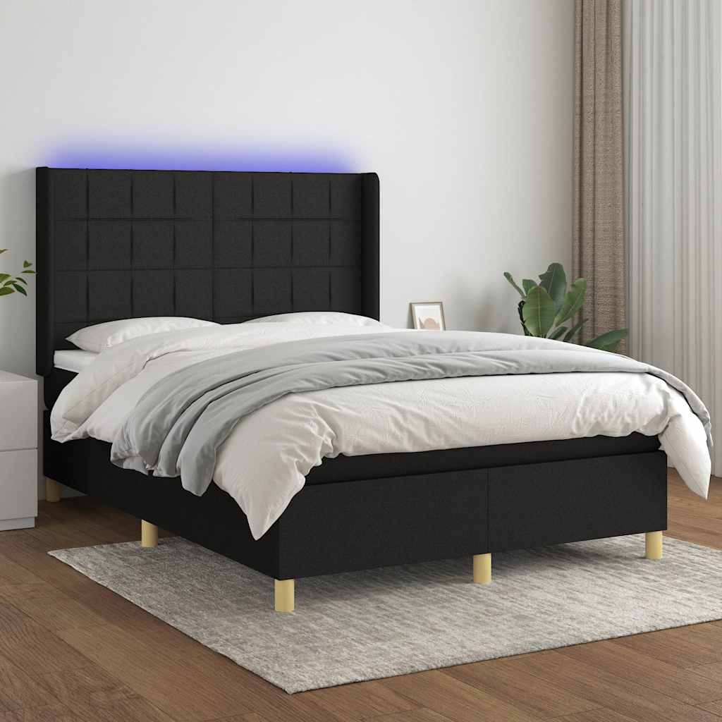 Boxspring met matras en LED stof zwart 140x200 cm – afbeelding 1