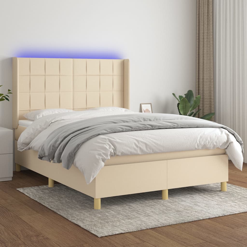 Boxspring met matras en LED stof crèmekleurig 140x200 cm – afbeelding 1