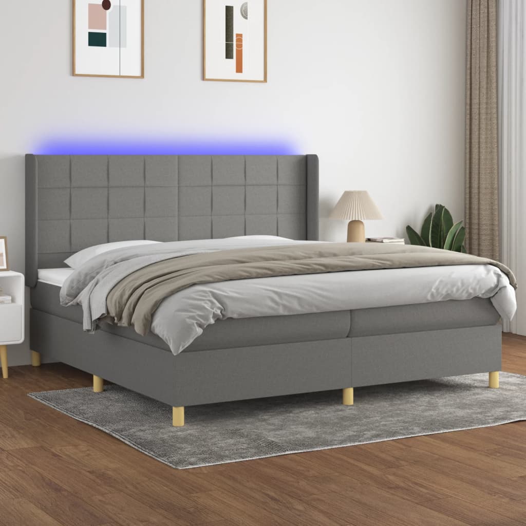 Boxspring met matras en LED stof donkergrijs 200x200 cm – afbeelding 1