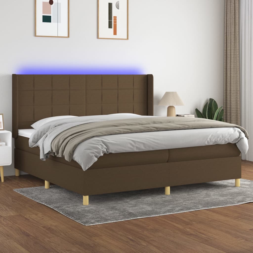 Boxspring met matras en LED stof donkerbruin 200x200 cm – afbeelding 1