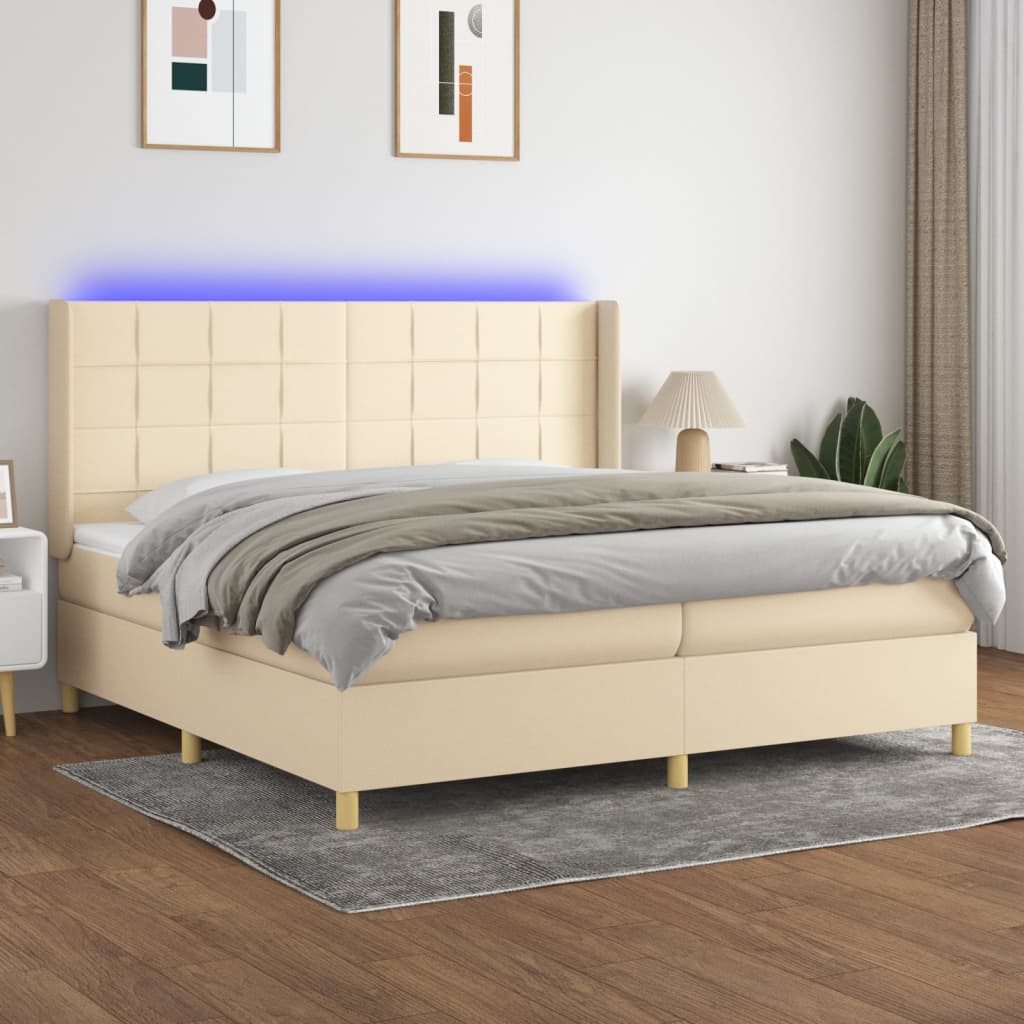 Boxspring met matras en LED stof crèmekleurig 200x200 cm – afbeelding 1