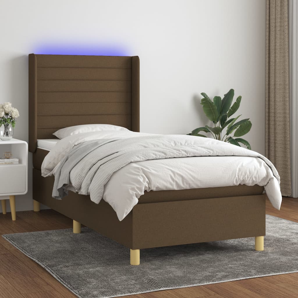 Boxspring met matras en LED stof donkerbruin 80x200 cm – afbeelding 1