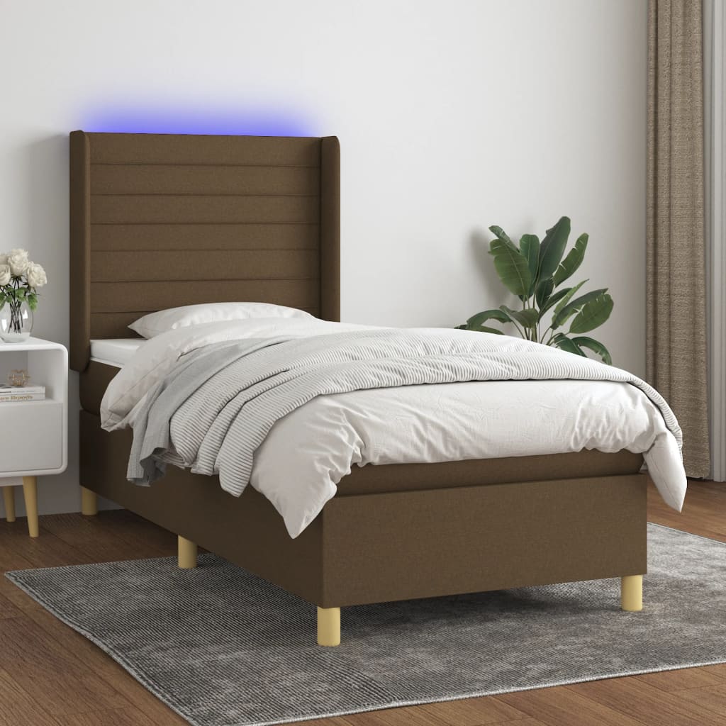Boxspring met matras en LED stof donkerbruin 90x190 cm – afbeelding 1