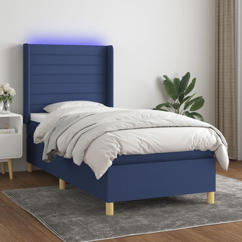 Boxspring met matras en LED stof blauw 90x190 cm – afbeelding 1