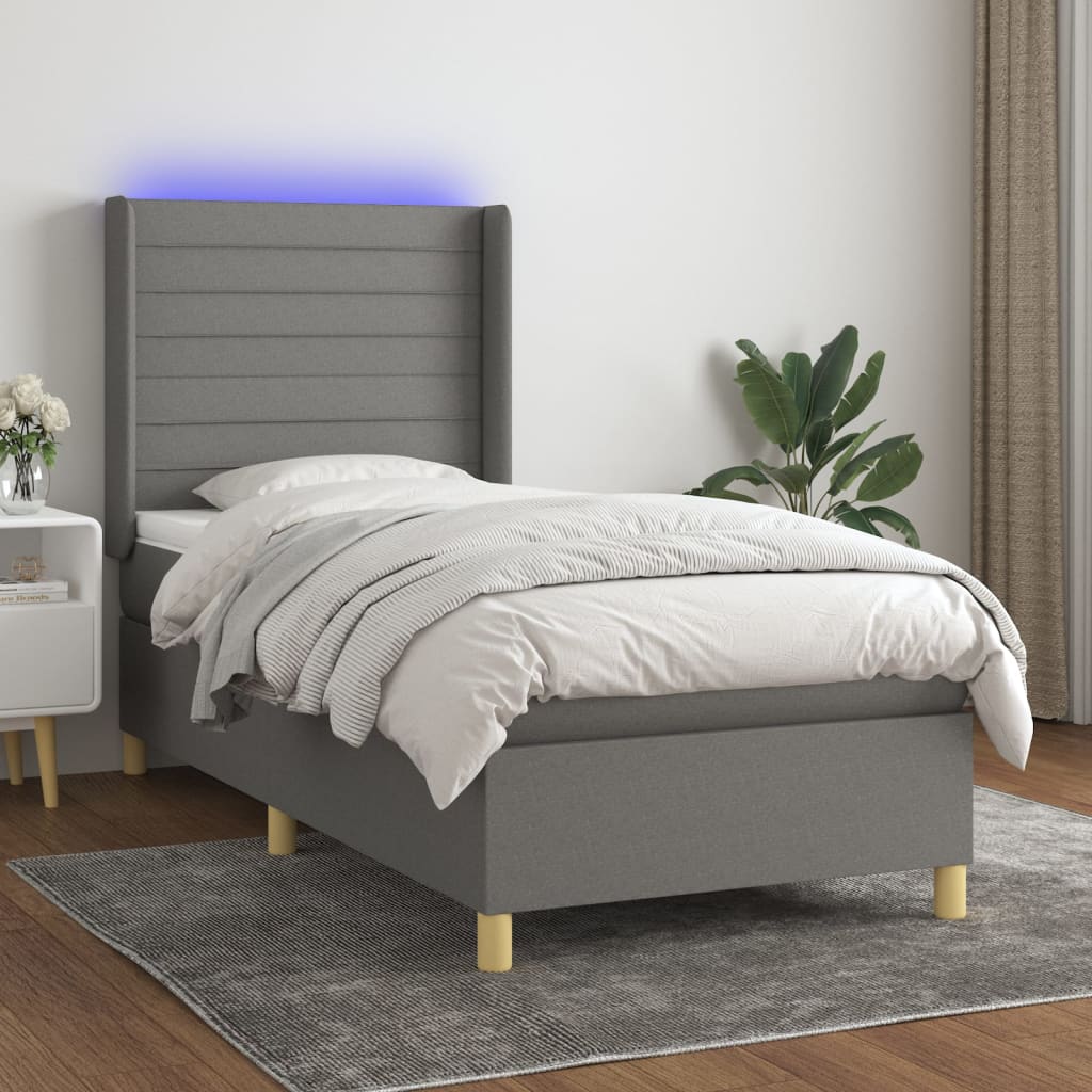 Boxspring met matras en LED stof donkergrijs 100x200 cm – afbeelding 1