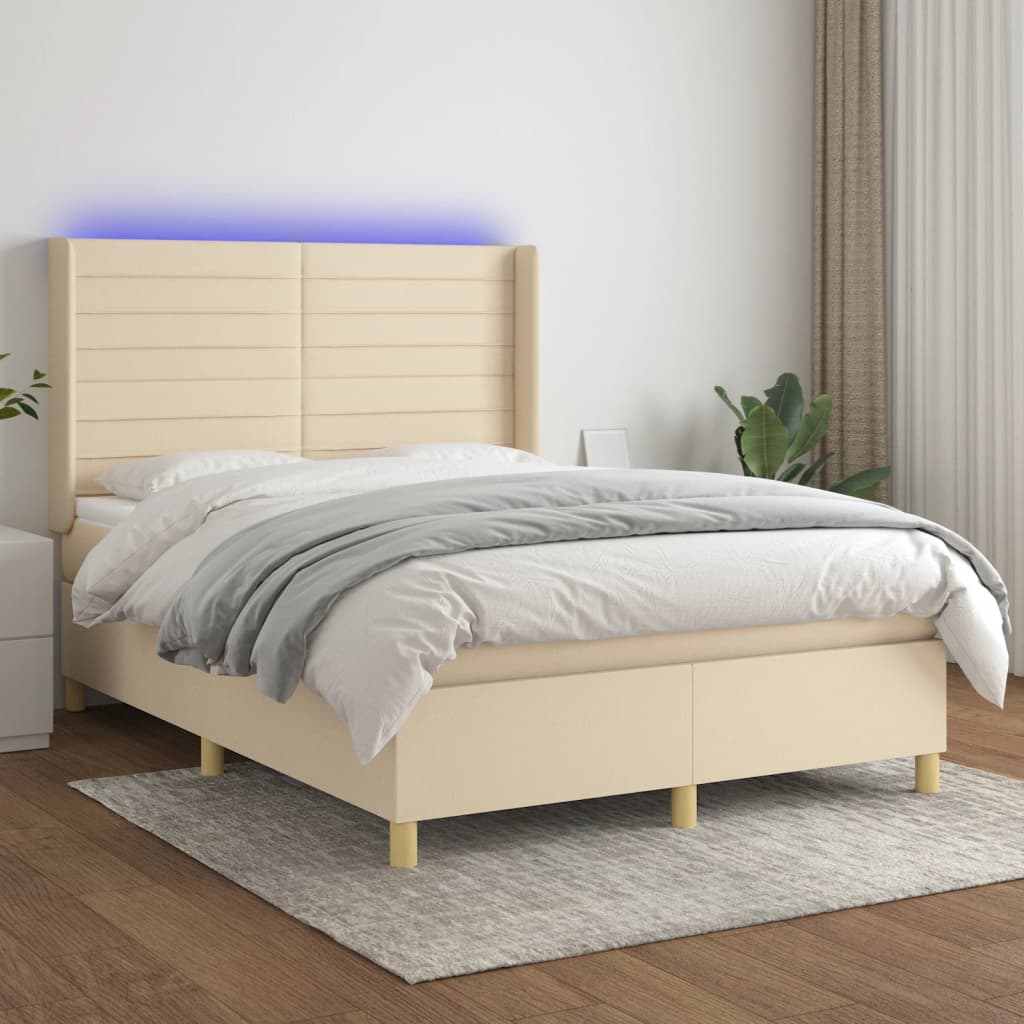 Boxspring met matras en LED stof crèmekleurig 140x190 cm – afbeelding 1
