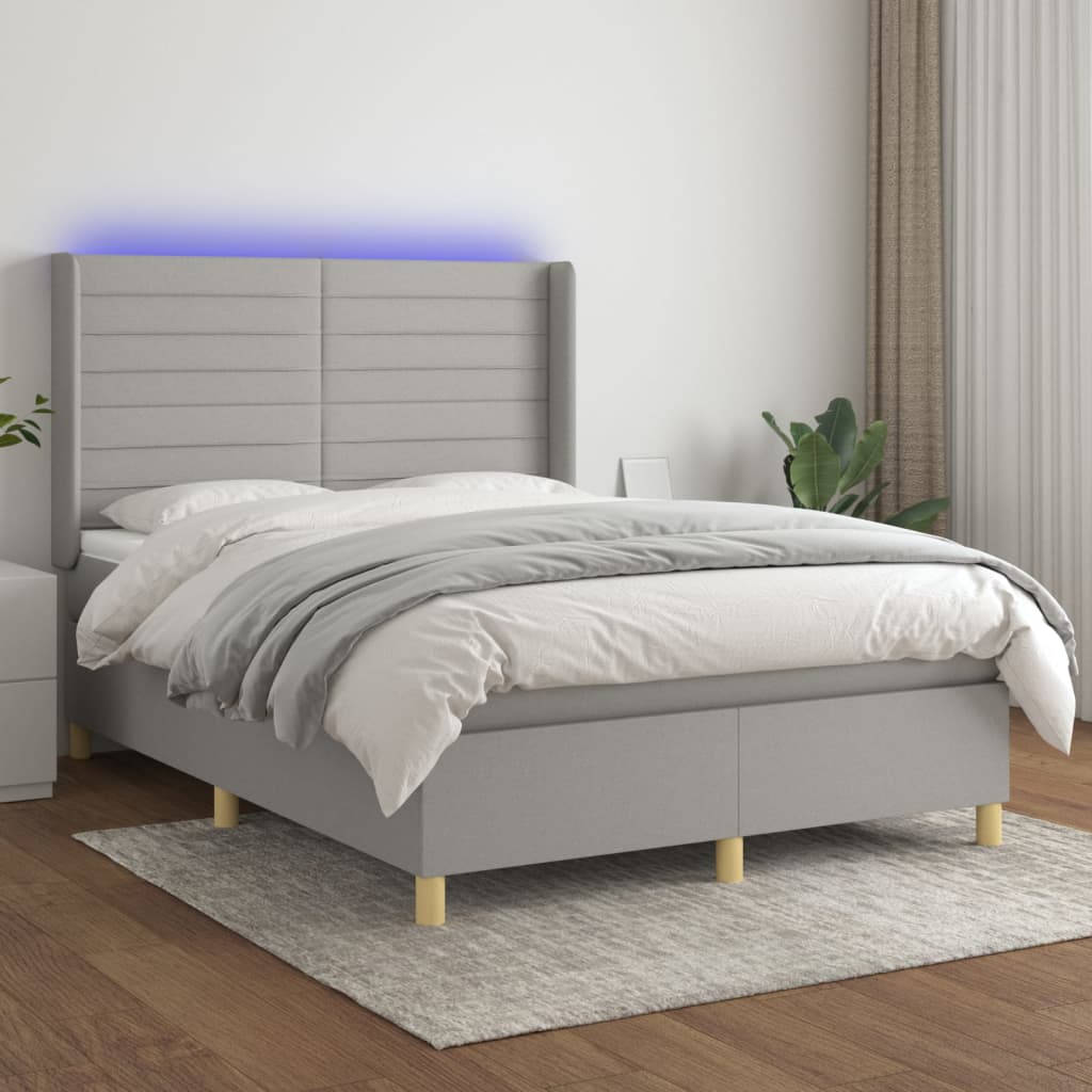 Boxspring met matras en LED stof lichtgrijs 140x200 cm – afbeelding 1