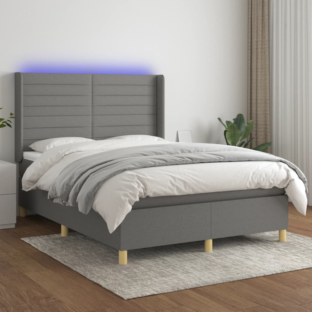 Boxspring met matras en LED stof donkergrijs 140x200 cm – afbeelding 1