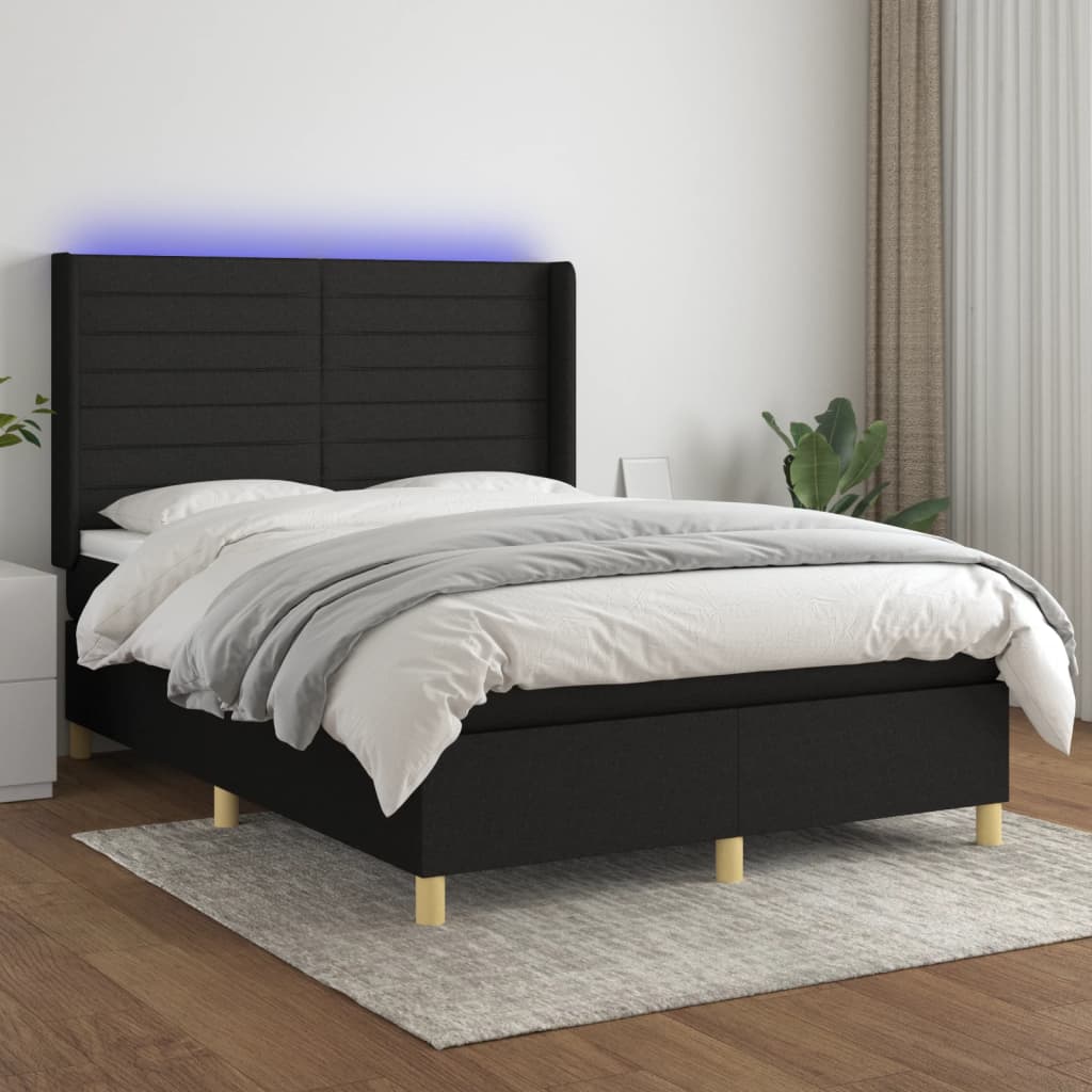 Boxspring met matras en LED stof zwart 140x200 cm – afbeelding 1