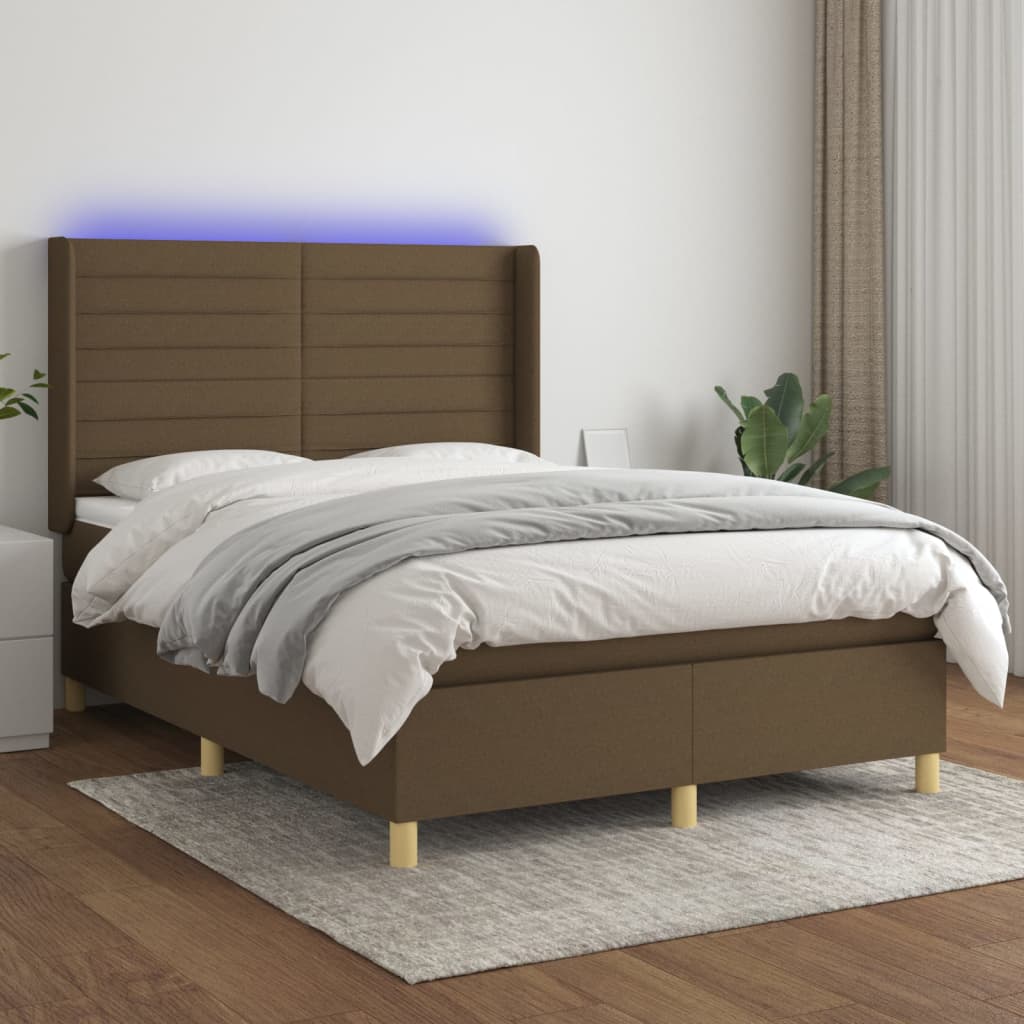 Boxspring met matras en LED stof donkerbruin 140x200 cm – afbeelding 1