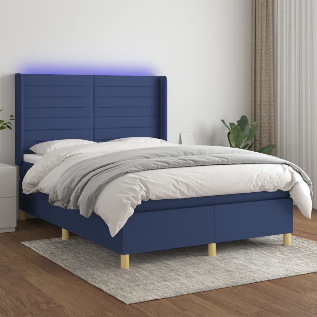 Boxspring met matras en LED stof blauw 140x200 cm – afbeelding 1
