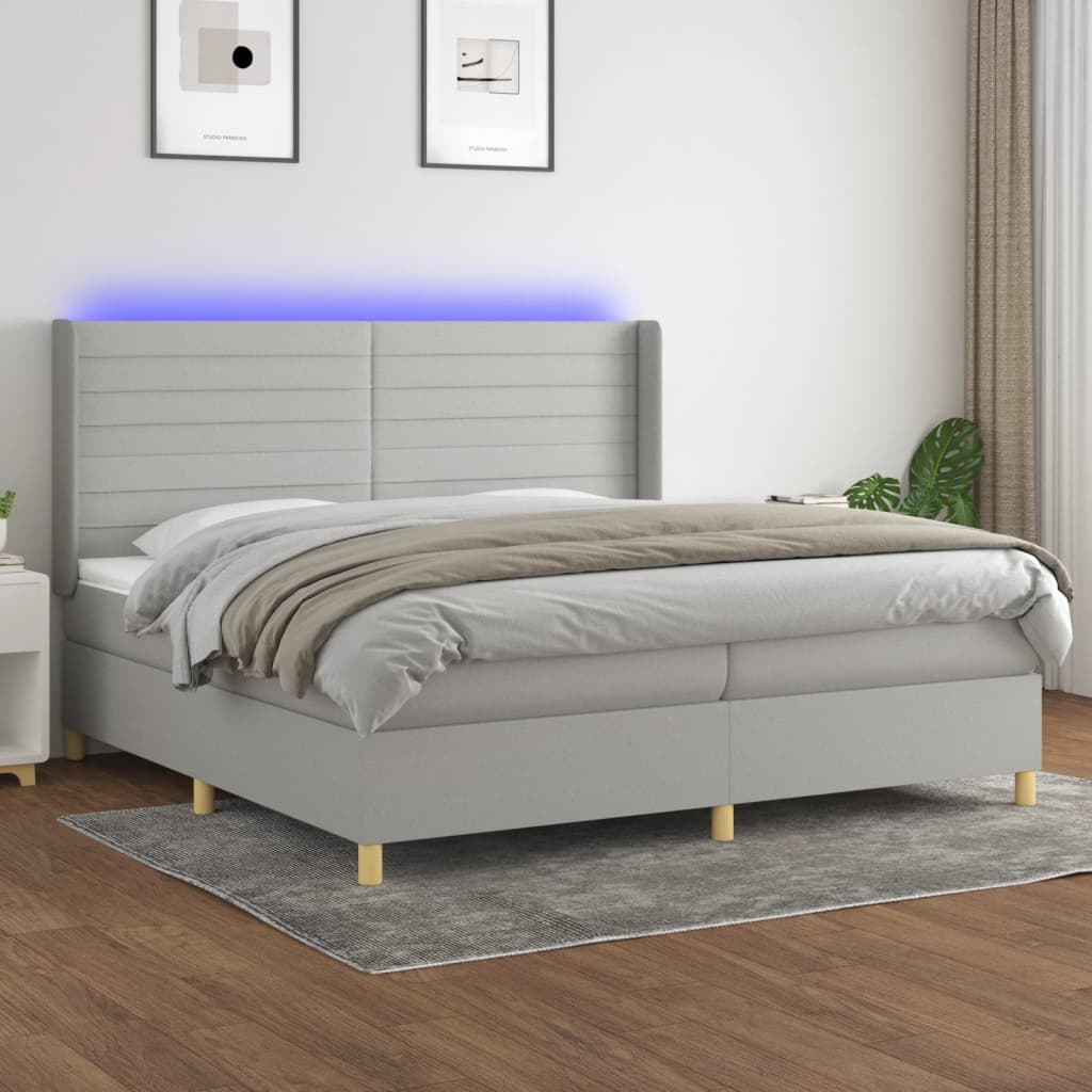 Boxspring met matras en LED stof lichtgrijs 200x200 cm – afbeelding 1