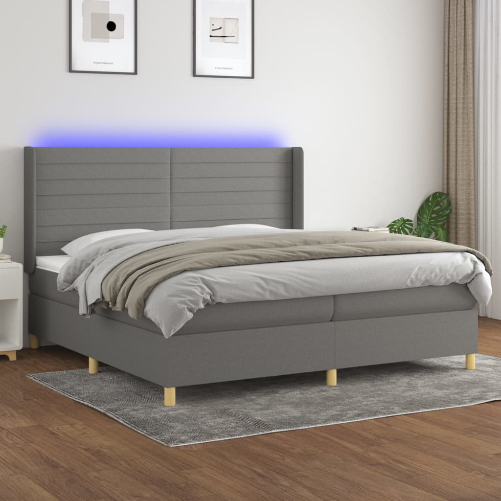 Boxspring met matras en LED stof donkergrijs 200x200 cm – afbeelding 1