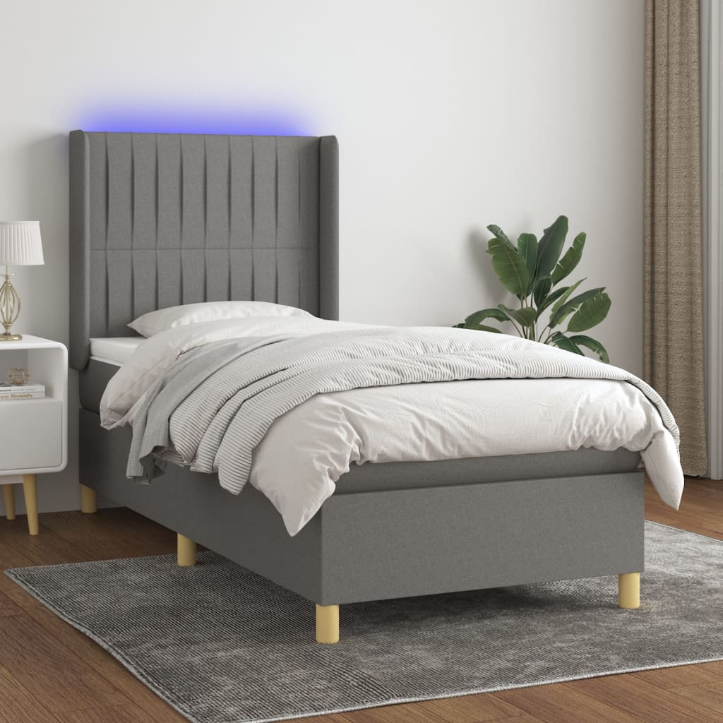 Boxspring met matras en LED stof donkergrijs 90x190 cm – afbeelding 1