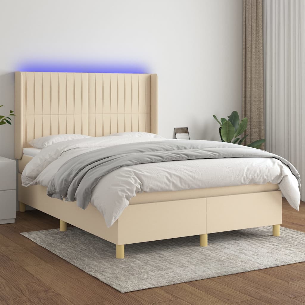 Boxspring met matras en LED stof crèmekleurig 140x190 cm – afbeelding 1