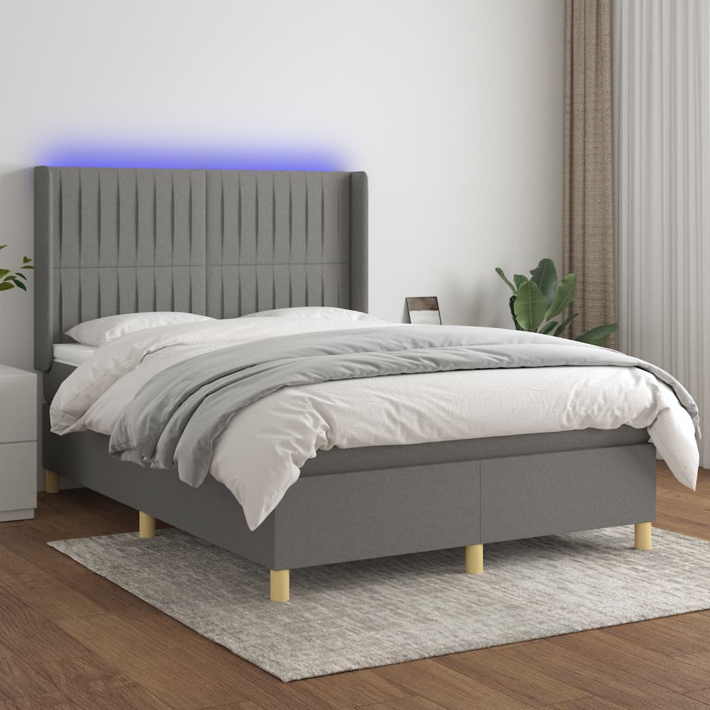 Boxspring met matras en LED stof donkergrijs 140x200 cm – afbeelding 1