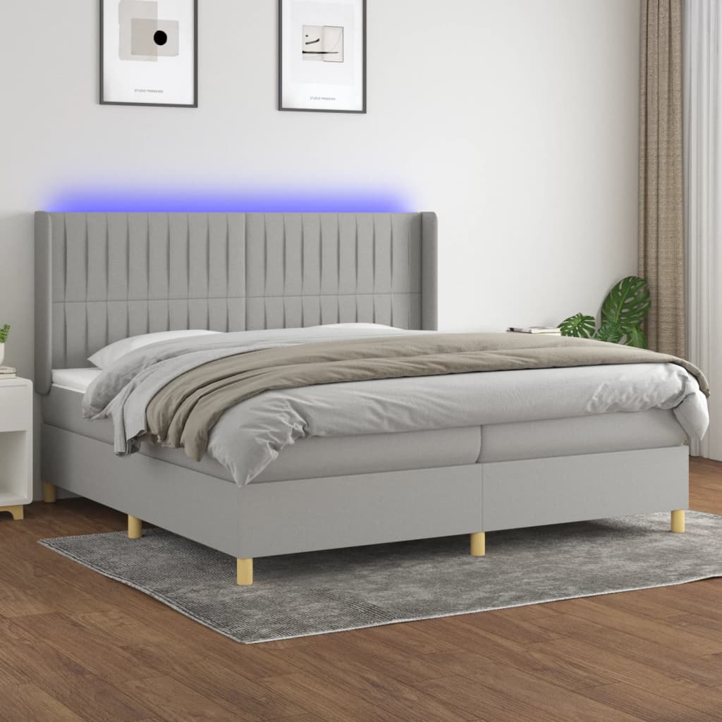 Boxspring met matras en LED stof lichtgrijs 200x200 cm – afbeelding 1