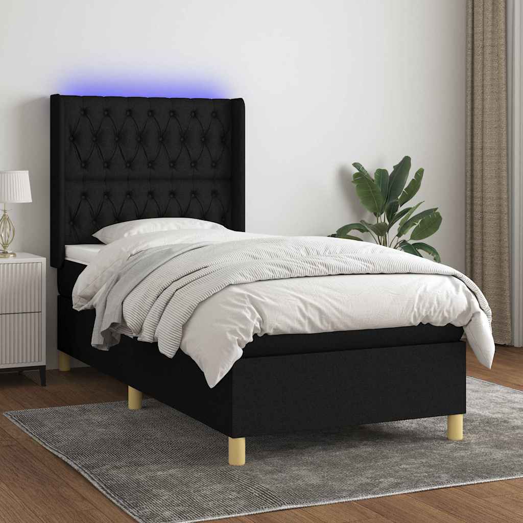 Boxspring met matras en LED stof zwart 90x190 cm – afbeelding 1