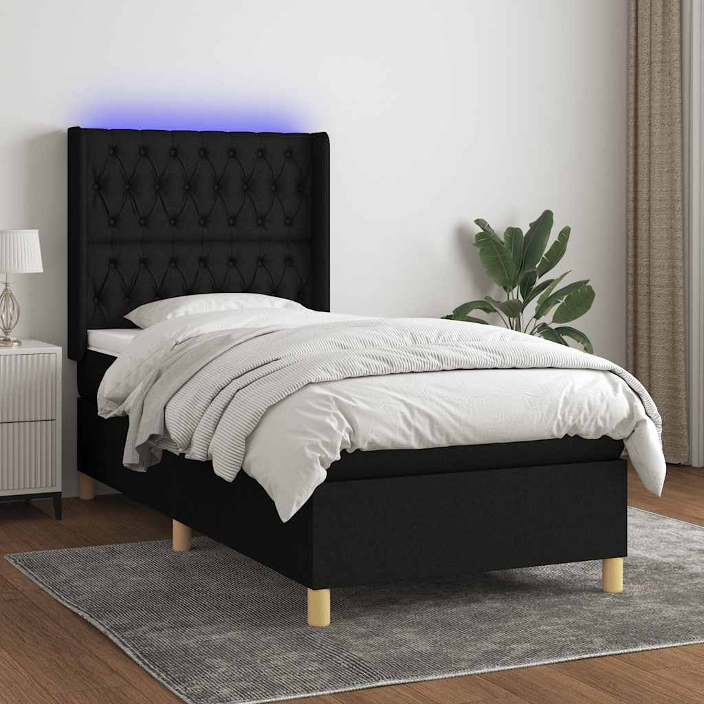 Boxspring met matras en LED stof zwart 90x200 cm – afbeelding 1