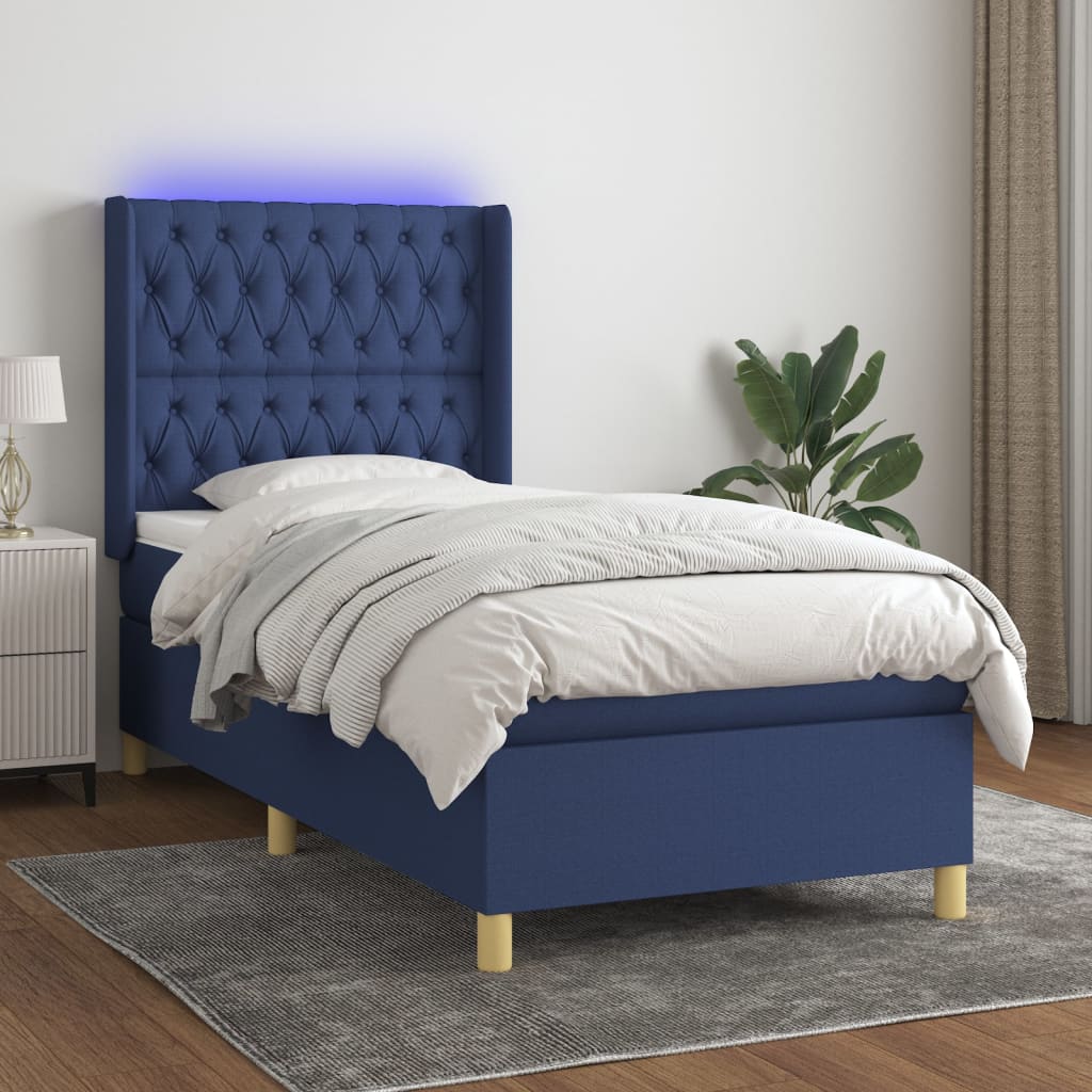 Boxspring met matras en LED stof blauw 100x200 cm – afbeelding 1