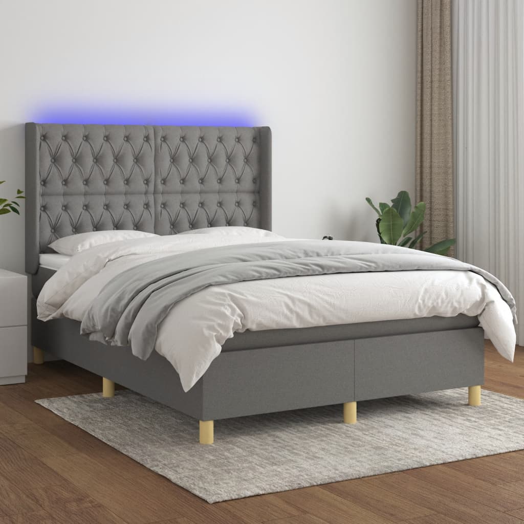 Boxspring met matras en LED stof donkergrijs 140x200 cm – afbeelding 1