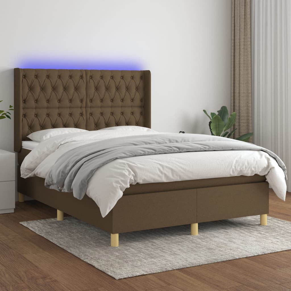 Boxspring met matras en LED stof donkerbruin 140x200 cm – afbeelding 1