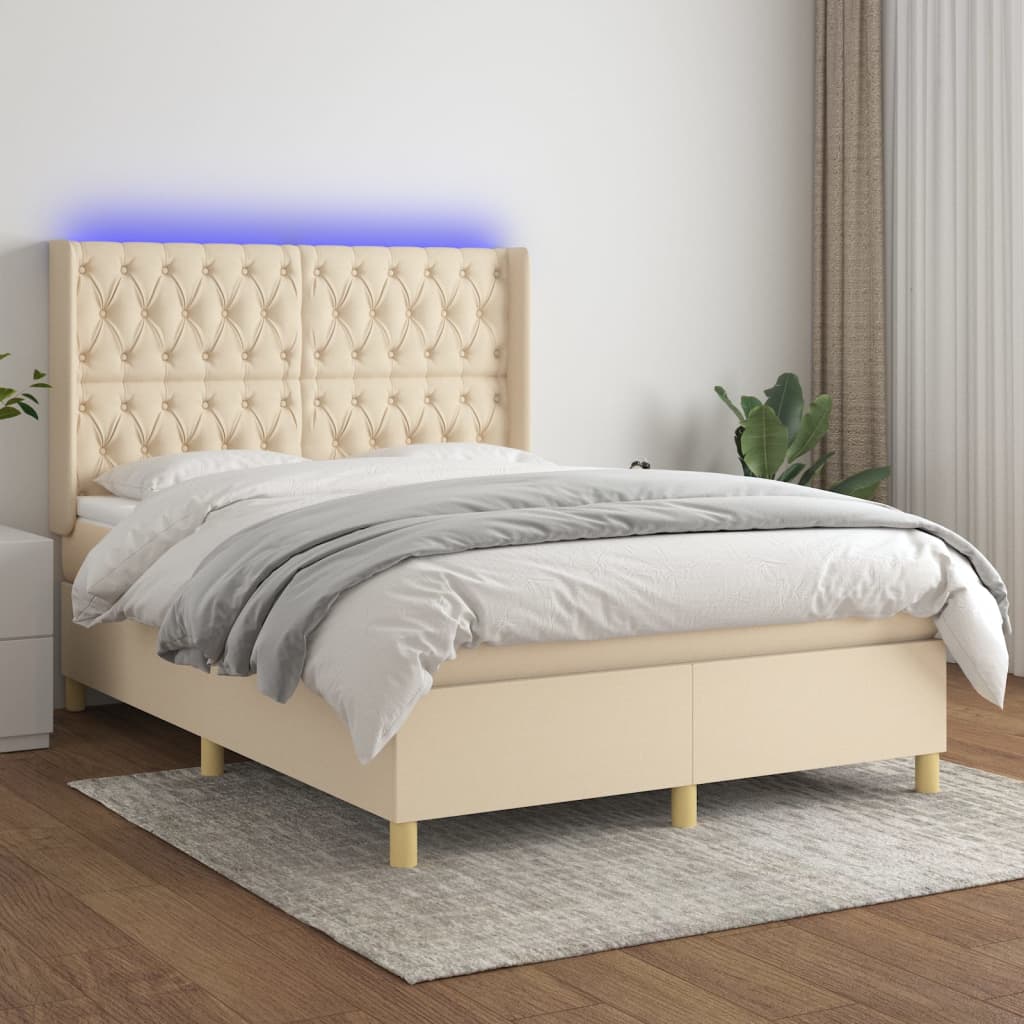 Boxspring met matras en LED stof crèmekleurig 140x200 cm – afbeelding 1