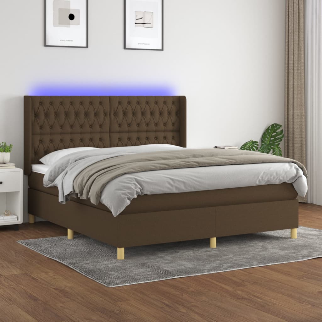 Boxspring met matras en LED stof donkerbruin 160x200 cm – afbeelding 1