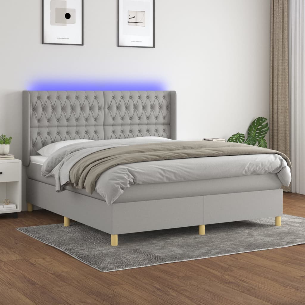 Boxspring met matras en LED stof lichtgrijs 180x200 cm – afbeelding 1