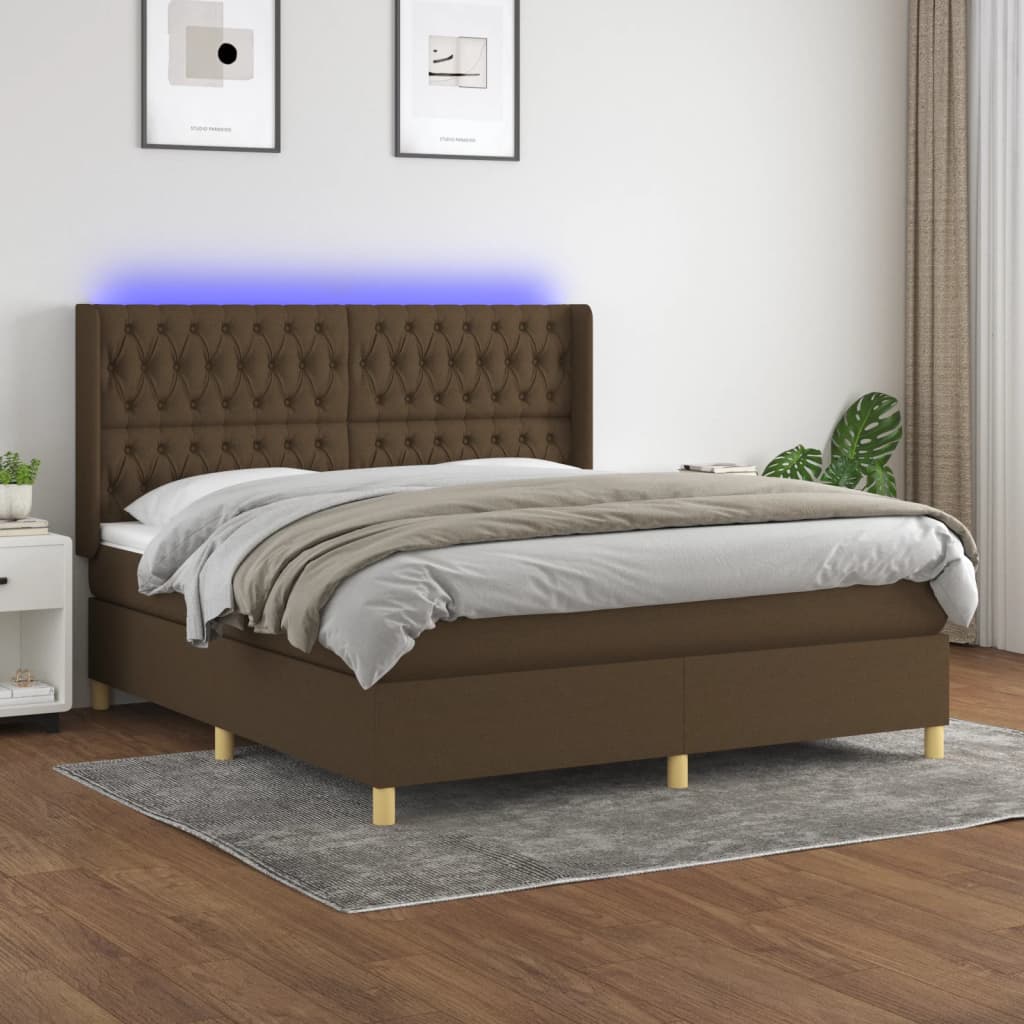 Boxspring met matras en LED stof donkerbruin 180x200 cm – afbeelding 1