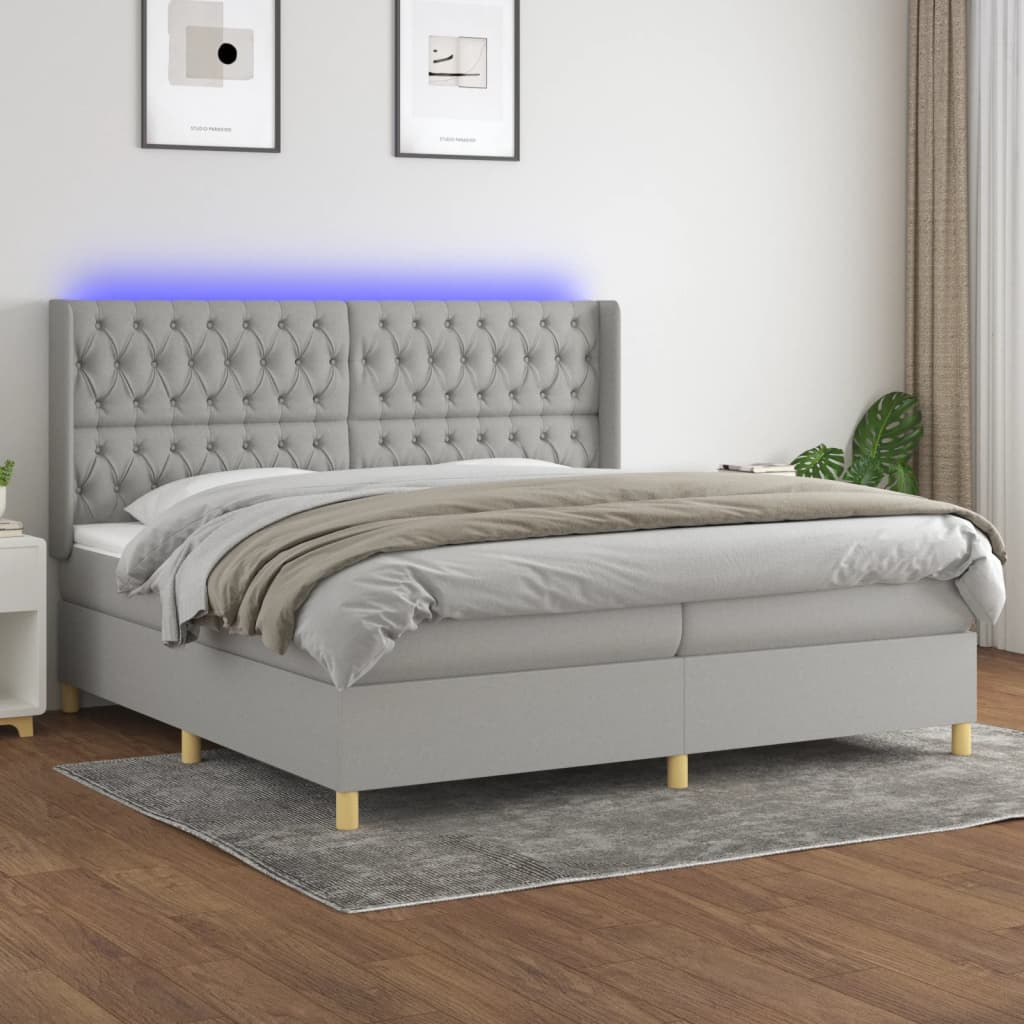 Boxspring met matras en LED stof lichtgrijs 200x200 cm – afbeelding 1