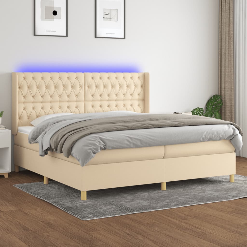 Boxspring met matras en LED stof crèmekleurig 200x200 cm – afbeelding 1