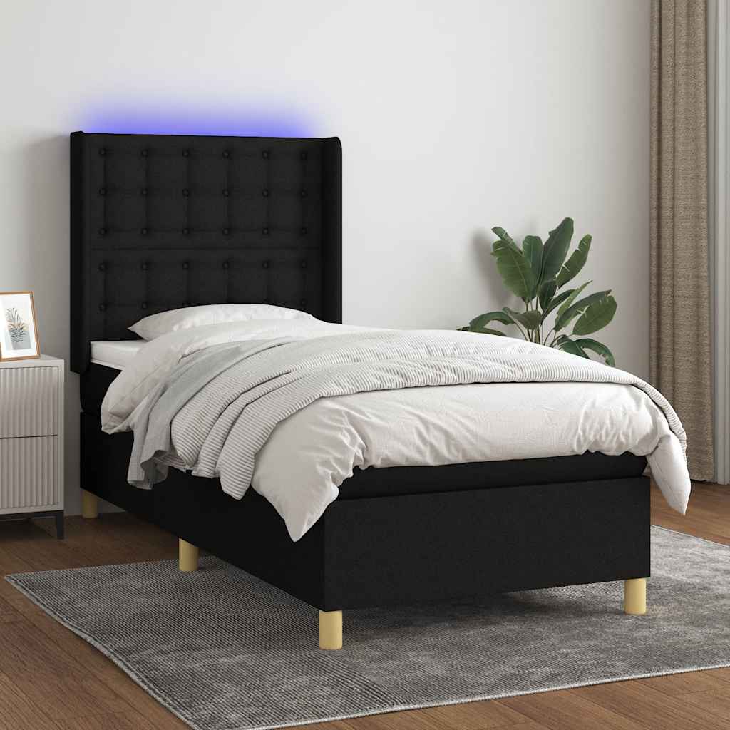 Boxspring met matras en LED stof zwart 90x200 cm – afbeelding 1