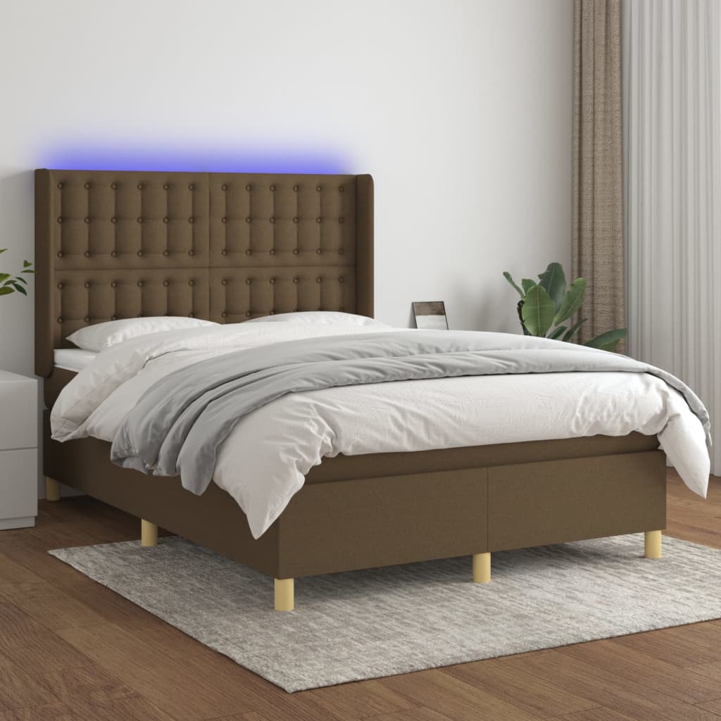 Boxspring met matras en LED stof donkerbruin 140x190 cm – afbeelding 1