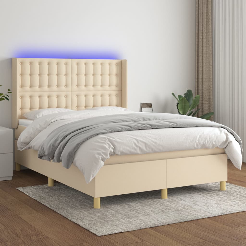 Boxspring met matras en LED stof crèmekleurig 140x200 cm – afbeelding 1