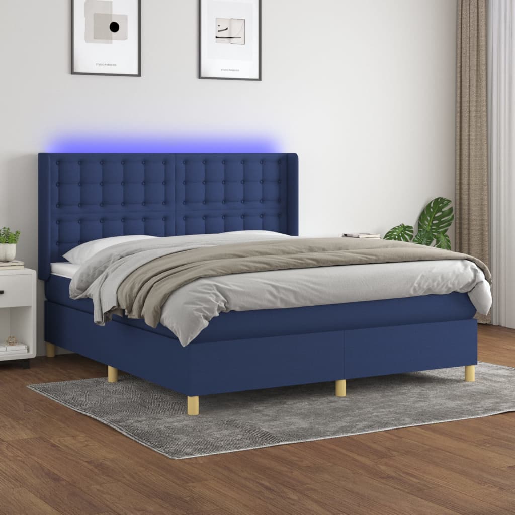 Boxspring met matras en LED stof blauw 160x200 cm – afbeelding 1