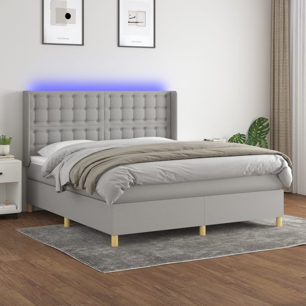 Boxspring met matras en LED stof lichtgrijs 180x200 cm – afbeelding 1