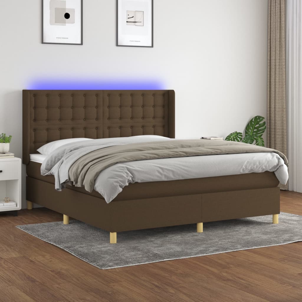 Boxspring met matras en LED stof donkerbruin 180x200 cm – afbeelding 1