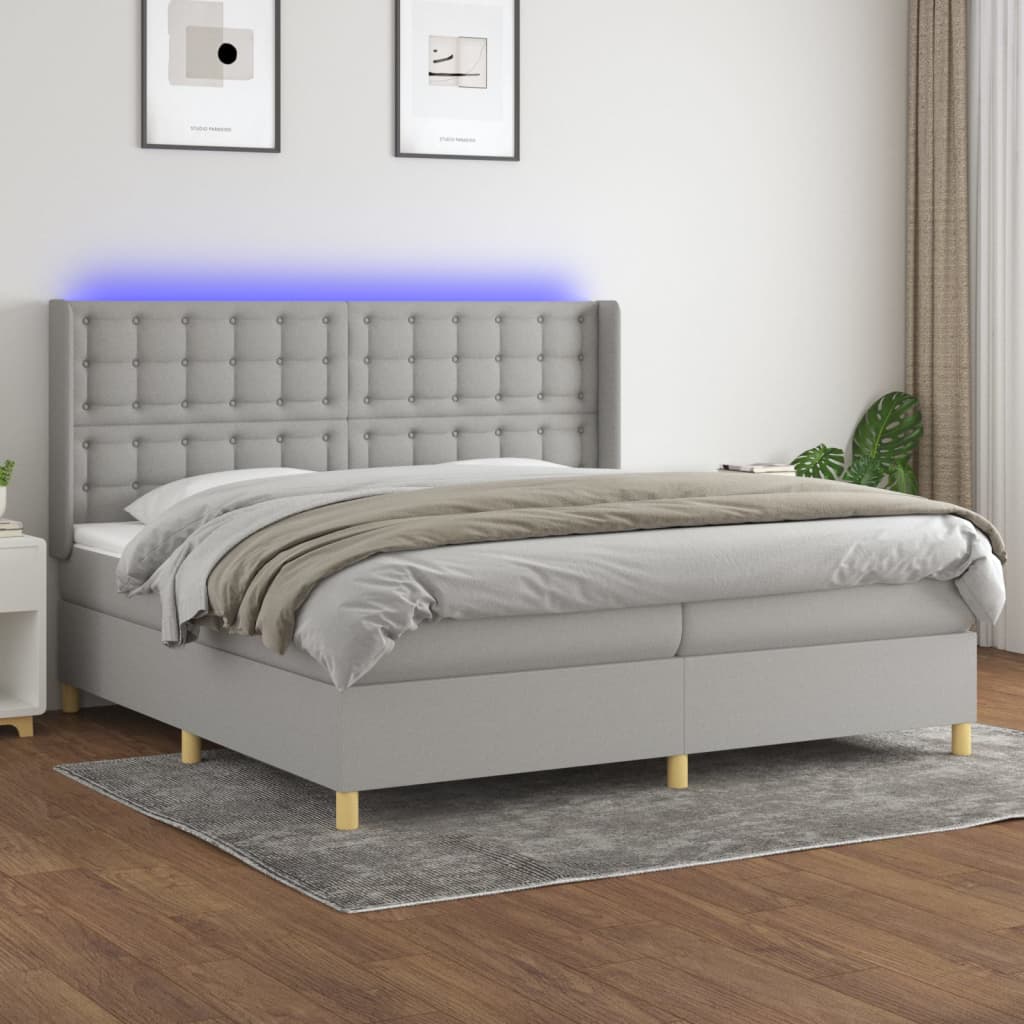Boxspring met matras en LED stof lichtgrijs 200x200 cm – afbeelding 1