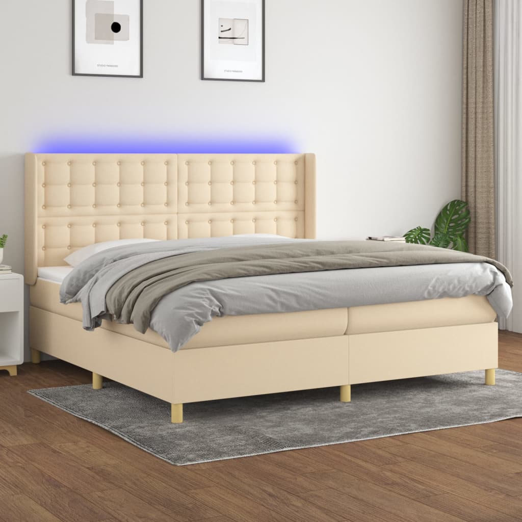 Boxspring met matras en LED stof crèmekleurig 200x200 cm – afbeelding 1