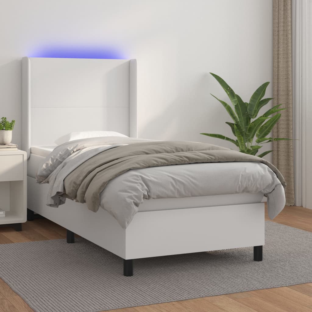 Boxspring met matras en LED kunstleer wit 90x200 cm – afbeelding 1
