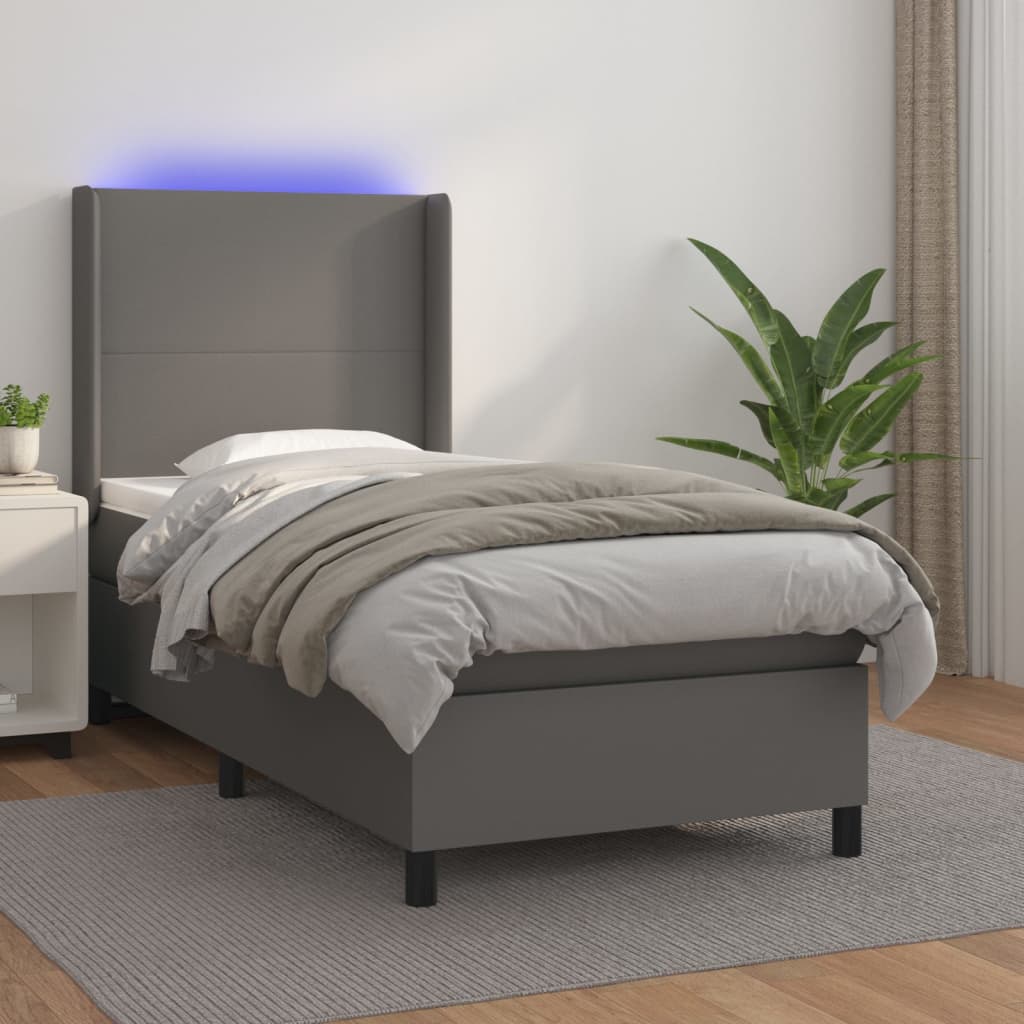 Boxspring met matras en LED kunstleer grijs 90x200 cm – afbeelding 1