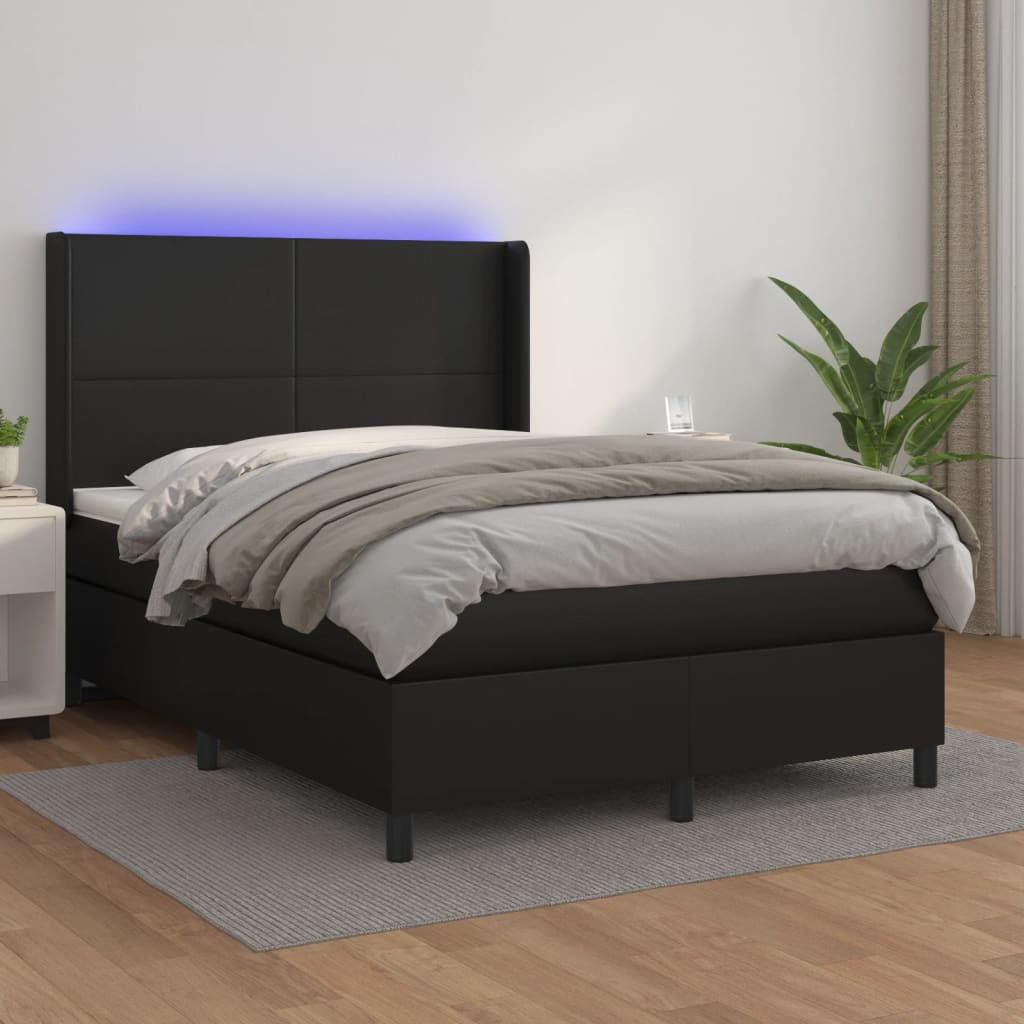 Boxspring met matras en LED kunstleer zwart 140x190 cm – afbeelding 1