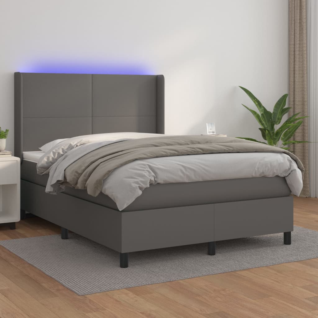 Boxspring met matras en LED kunstleer grijs 140x190 cm – afbeelding 1