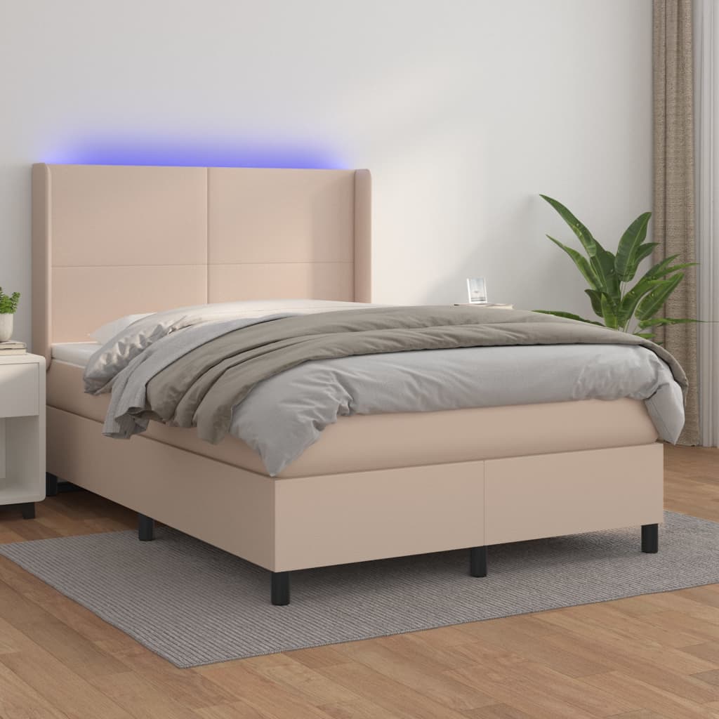 Boxspring met matras en LED kunstleer cappuccinokleur 140x200cm – afbeelding 1