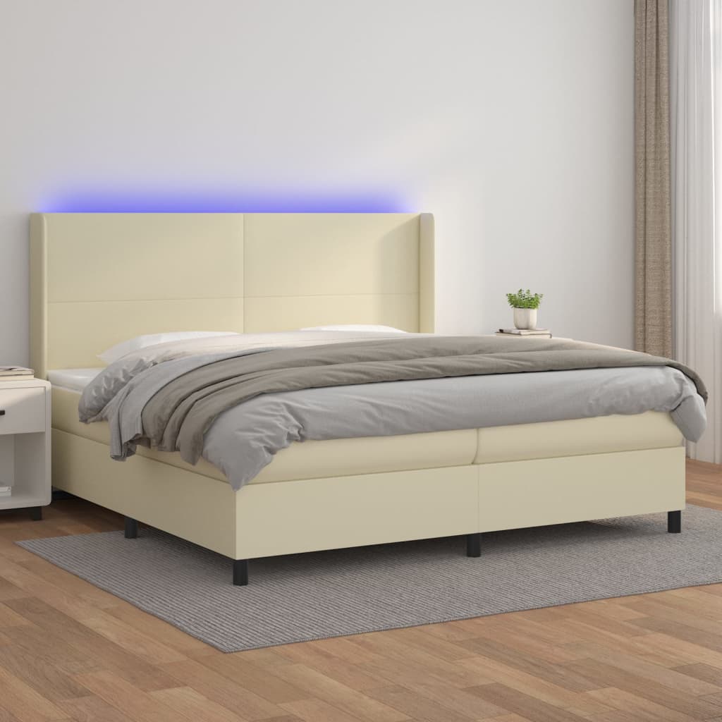 Boxspring met matras en LED kunstleer crèmekleurig 200x200 cm – afbeelding 1
